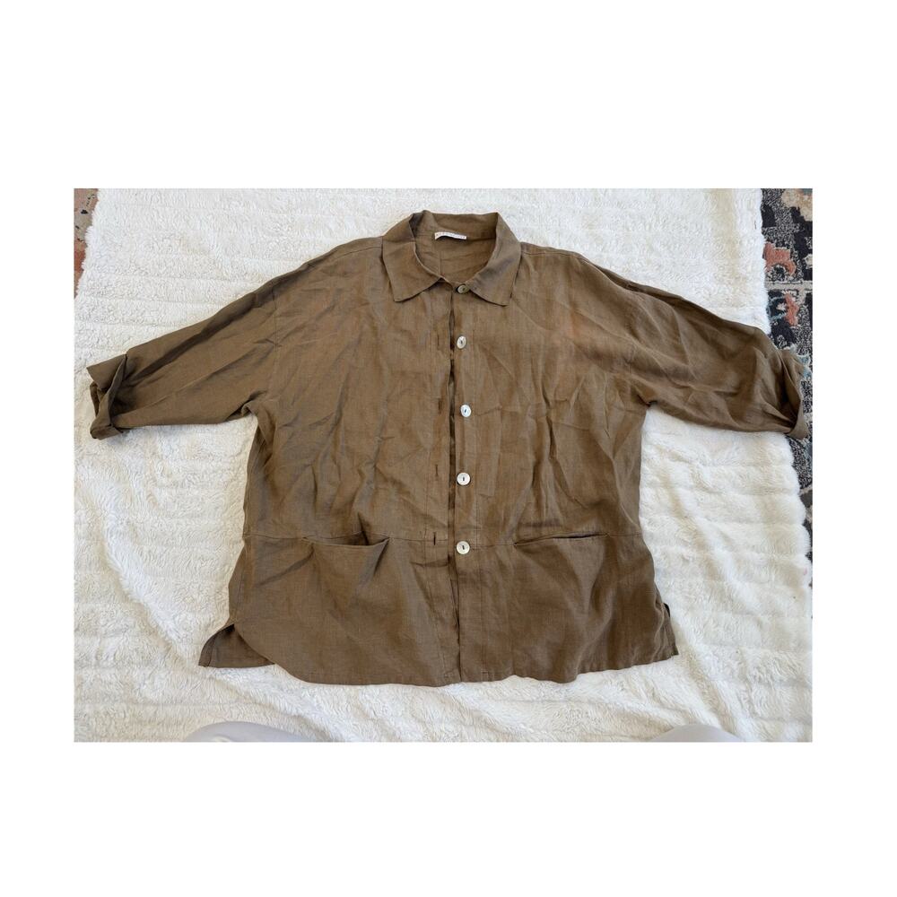 bryn WALKER Brown Linen Button-Up Collared Long Sleeve Blouse Women's OS Flaw